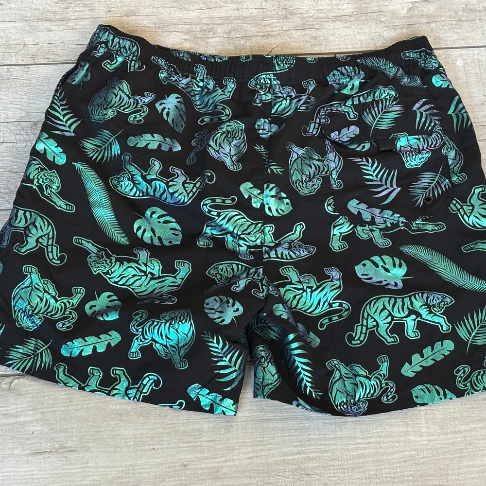 UZZI Men's L Swim Shorts Mesh Lined Trunks Black Iridescent Tiger‎ Palms Beach - Picture 6 of 16